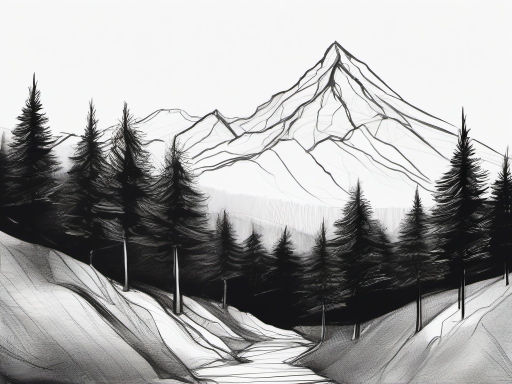 drawing of a mountain with a forest  minimal rough sketch scribbles,doodles,black and white