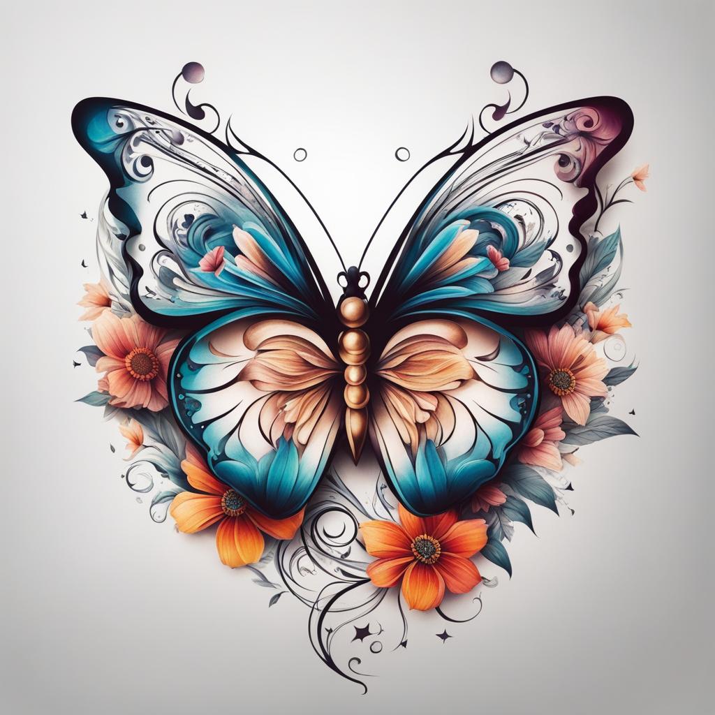 Floral butterfly tattoo, Tattoos that blend the grace of butterflies with floral elements. colors, tattoo patterns, clean white background