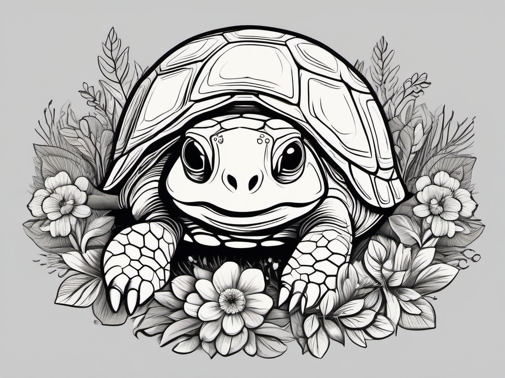 Turtle Cute - Nestled in a field of flowers, the cute turtle gazes up with wide eyes, radiating innocence and charm.  vector art, clipart, minimal