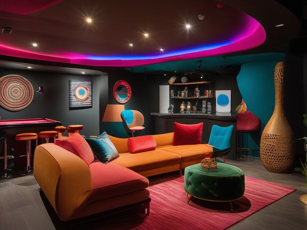 The basement highlights surrealist interior design with a mix of imaginative furnishings, vibrant colors, and unexpected decor that create a unique space for entertainment and relaxation.  