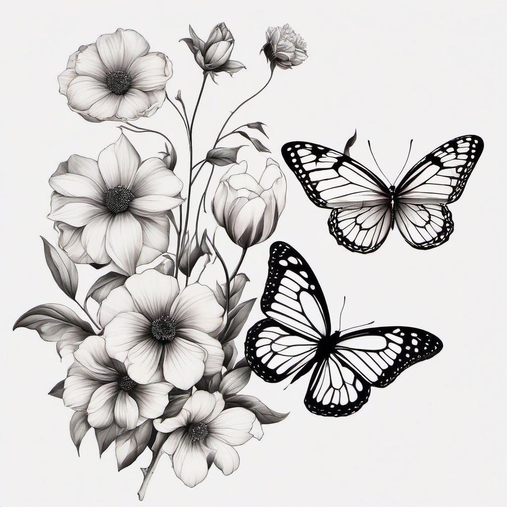 butterfly and flower tattoo ideas  simple color tattoo,white background,minimal