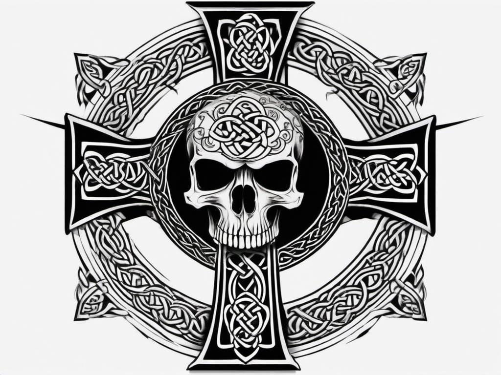 celtic cross skull tattoo  simple color tattoo,minimal,white background