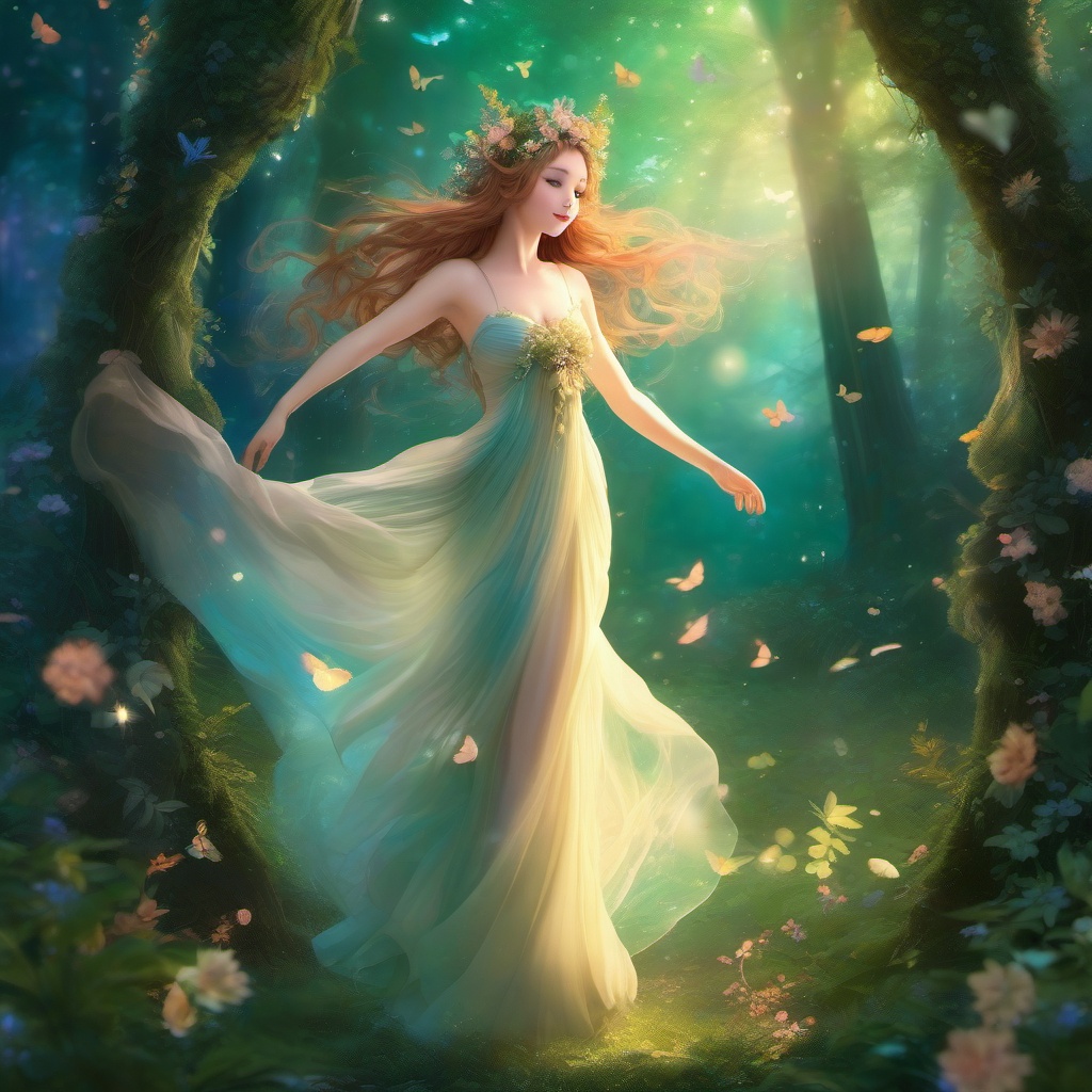 Enchanted forest nymph, dancing gracefully in a whimsical forest, radiating ethereal beauty.  front facing ,centered portrait shot, cute anime color style, pfp, full face visible