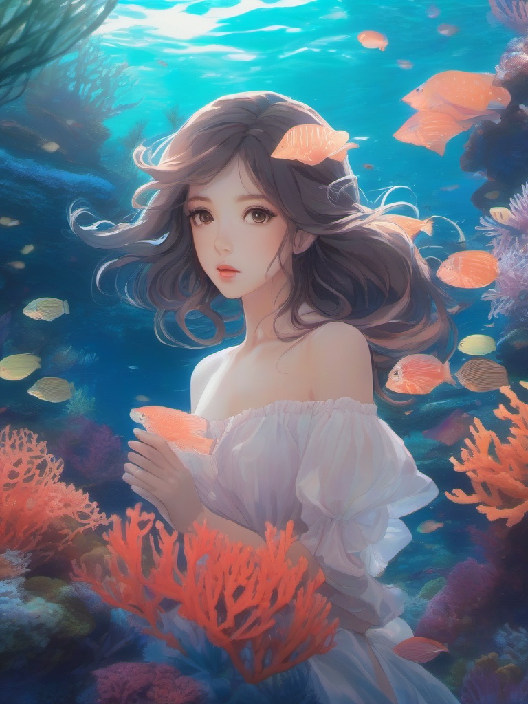 Serene anime girl underwater in a coral reef. , aesthetic anime, portrait, centered, head and hair visible, pfp