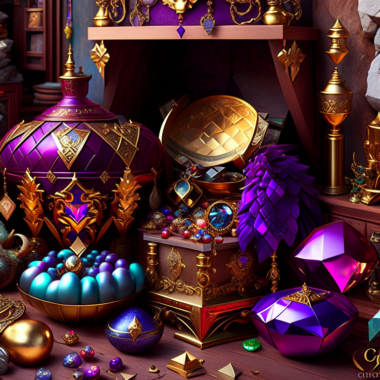 dragon's treasure room with piles of gold and gemstone accents. 