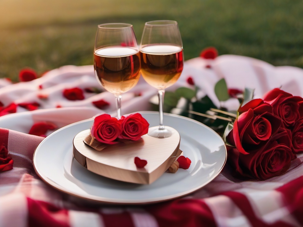 Valentine's Day background - Romantic picnic setup with blankets, roses, and champagne  aesthetic background wallpaper