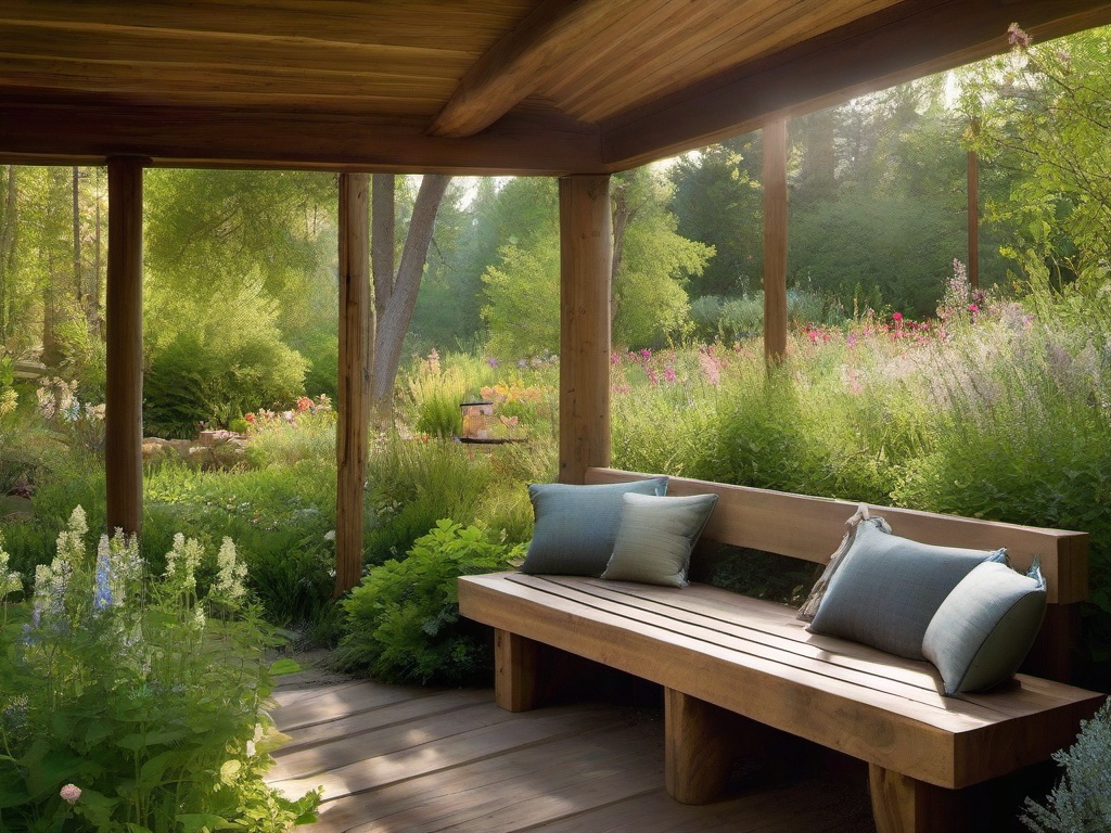 In the garden, rustic interior design highlights wildflower landscaping, a rustic bench, and natural pathways that create a serene outdoor retreat for relaxation and enjoyment.  