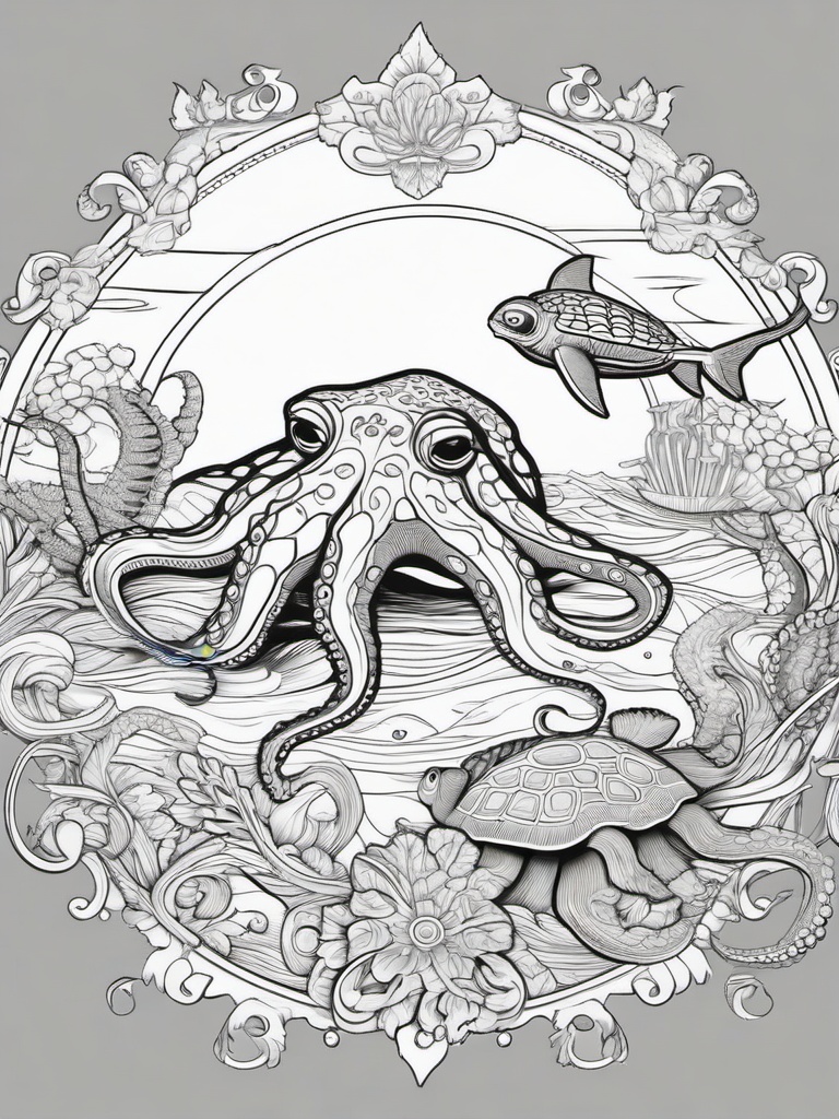 Octopus Coloring Pages - Octopus swimming with a sea turtle  simple coloring pages