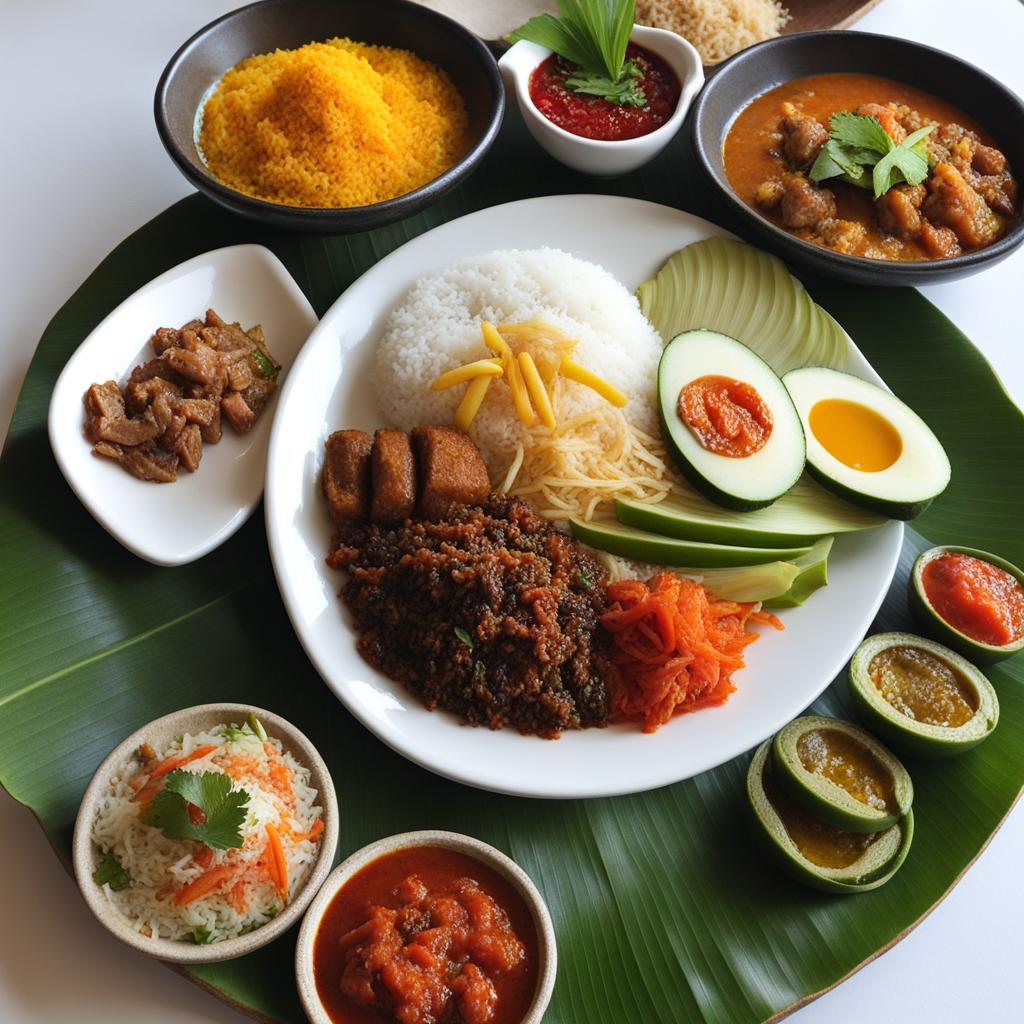 balinese nasi campur - a plate of mixed dishes, including rice, meats, vegetables, and sambal. 