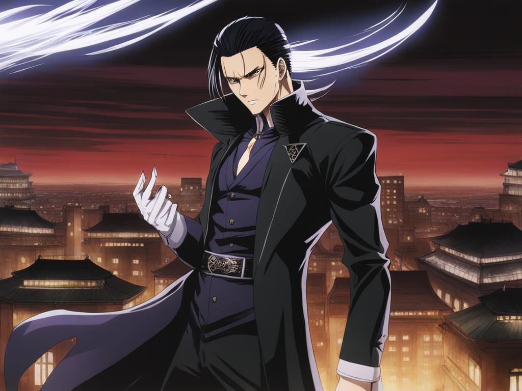 chrollo - utilizes nen abilities in a strategic rooftop showdown. 