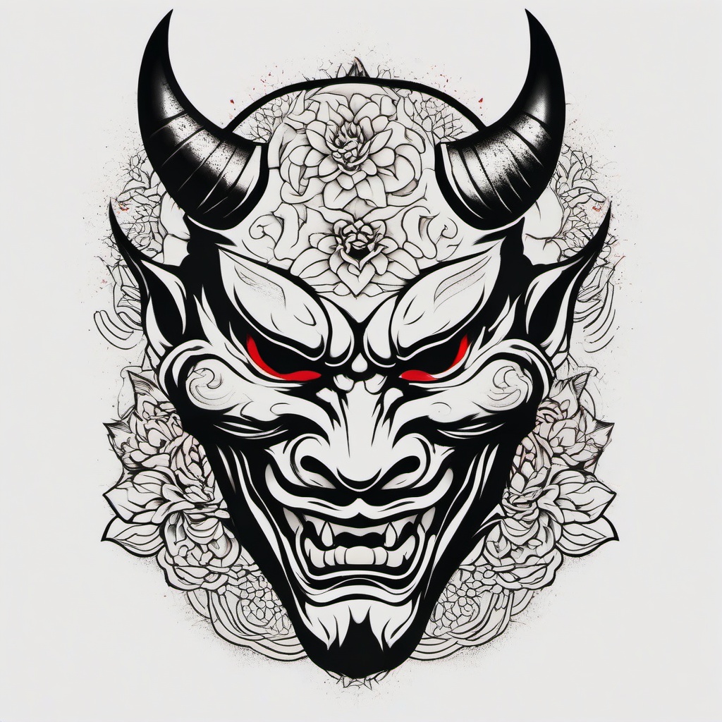 Hannya Yakuza Tattoo - Yakuza-inspired tattoo featuring the Hannya mask.  simple color tattoo,white background,minimal