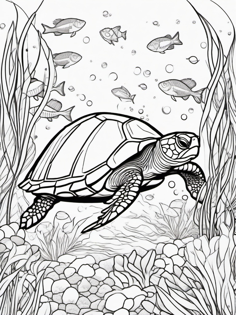 Turtle Coloring Pages - Turtle surrounded by colorful fish  simple coloring pages