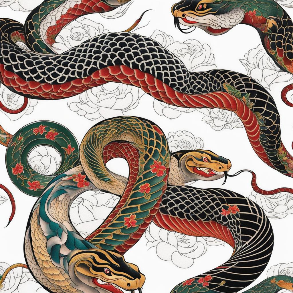 Japanese snake tattoo, Tattoos inspired by Japanese culture featuring snakes. colors, tattoo patterns, clean white background