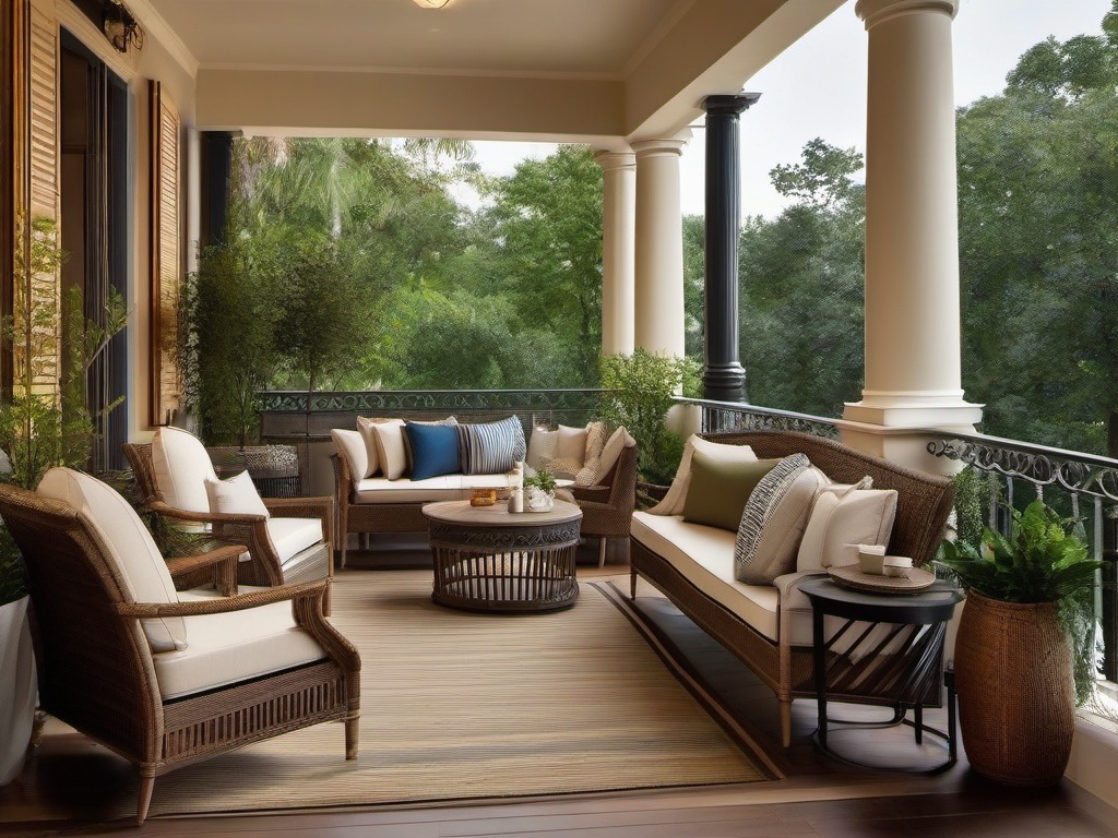 The balcony showcases traditional interior design with comfortable seating, classic decor, and a welcoming atmosphere that creates a perfect space for relaxation and enjoyment.  