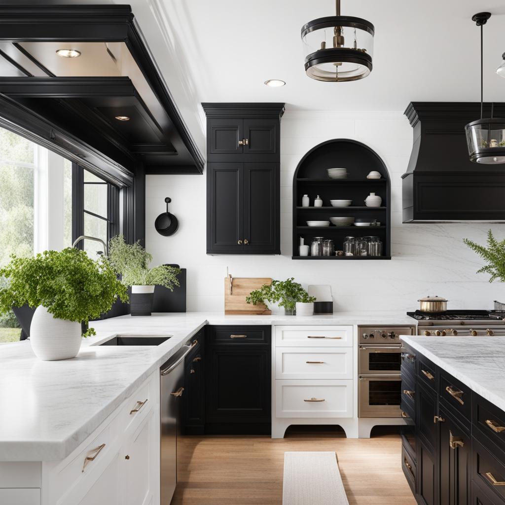 classic black and white kitchen with marble countertops and subway tile. 