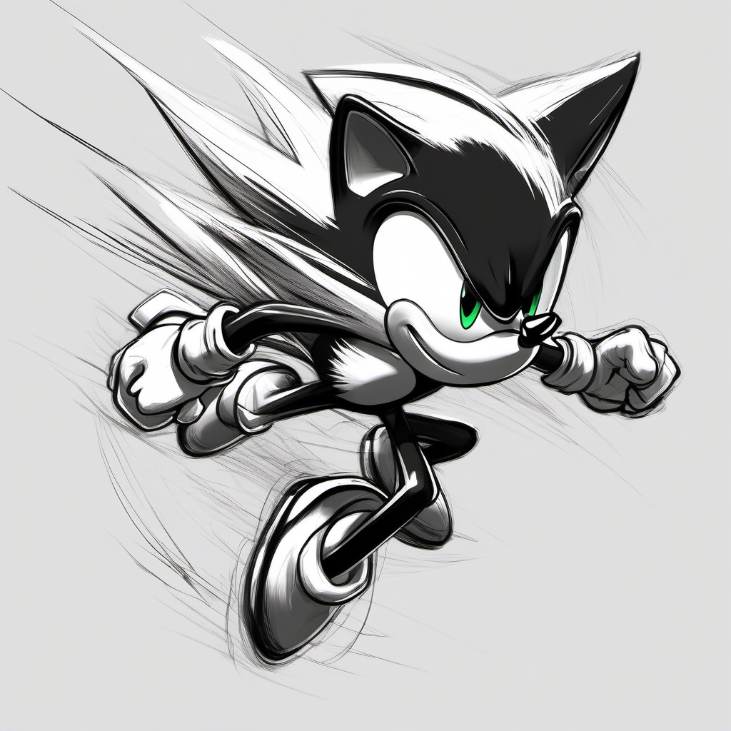 drawing of Sonic running at high speed  minimal rough sketch scribbles,doodles,black and white