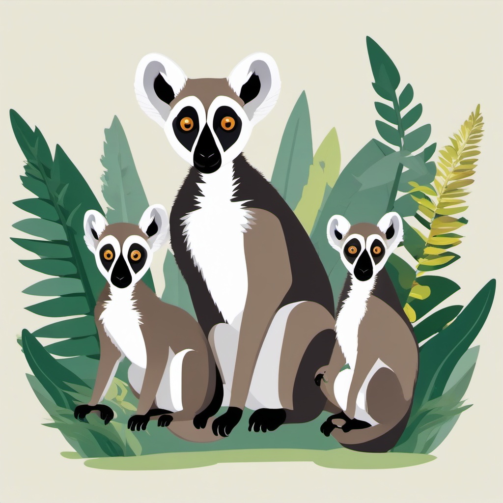 Ring-Tailed Lemur Family Clip Art - Family of ring-tailed lemurs in Madagascar,  color vector clipart, minimal style