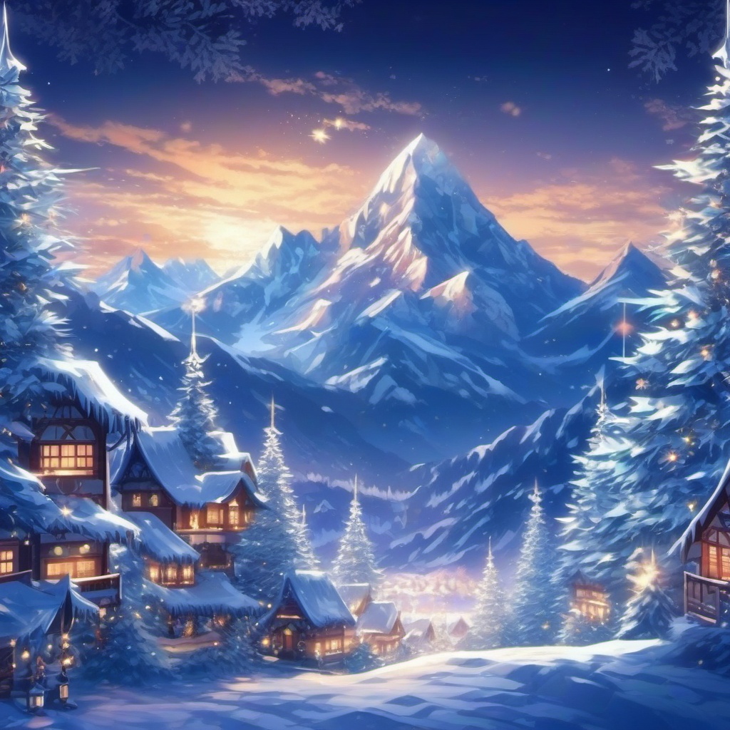 Icy Mountain Peaks in an Anime Christmas Setting Christmas Anime Wallpaper iPhone intricate details, patterns, wallpaper photo