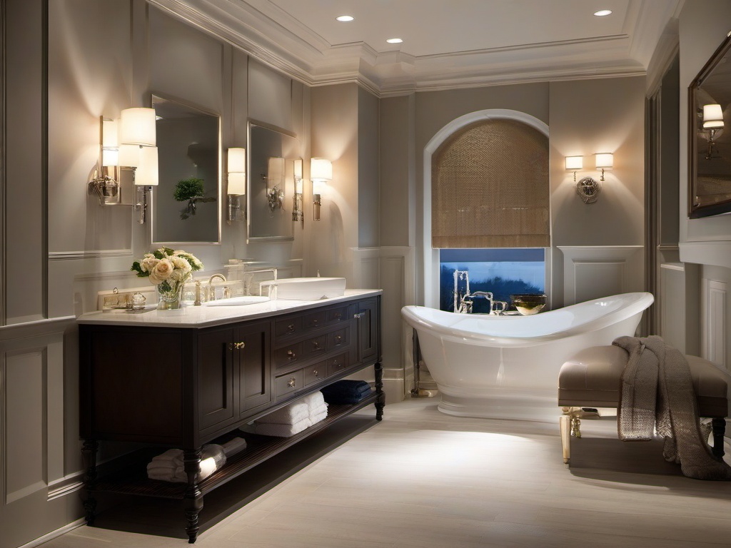 Georgian bathroom showcases classic fixtures, elegant finishes, and soft lighting that provide a cozy yet sophisticated space for relaxation.  