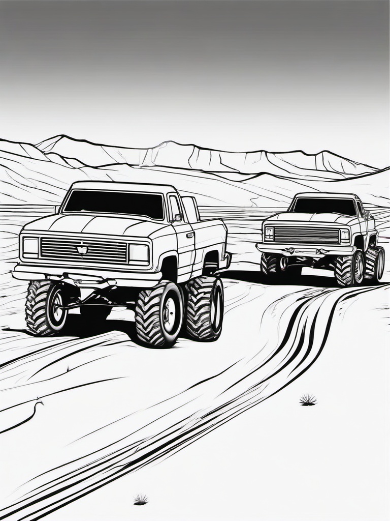 Monster Truck in Desert Coloring Pages - Trucks Racing Through Desert Landscapes  minimal black outline printable sheet, coloring page