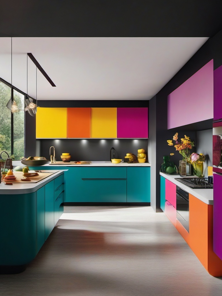 Retro 80s Revival - Embrace the bold and colorful style of the 1980s in your kitchen. , kitchen layout design ideas, multicoloured, photo realistic, hyper detail, high resolution,