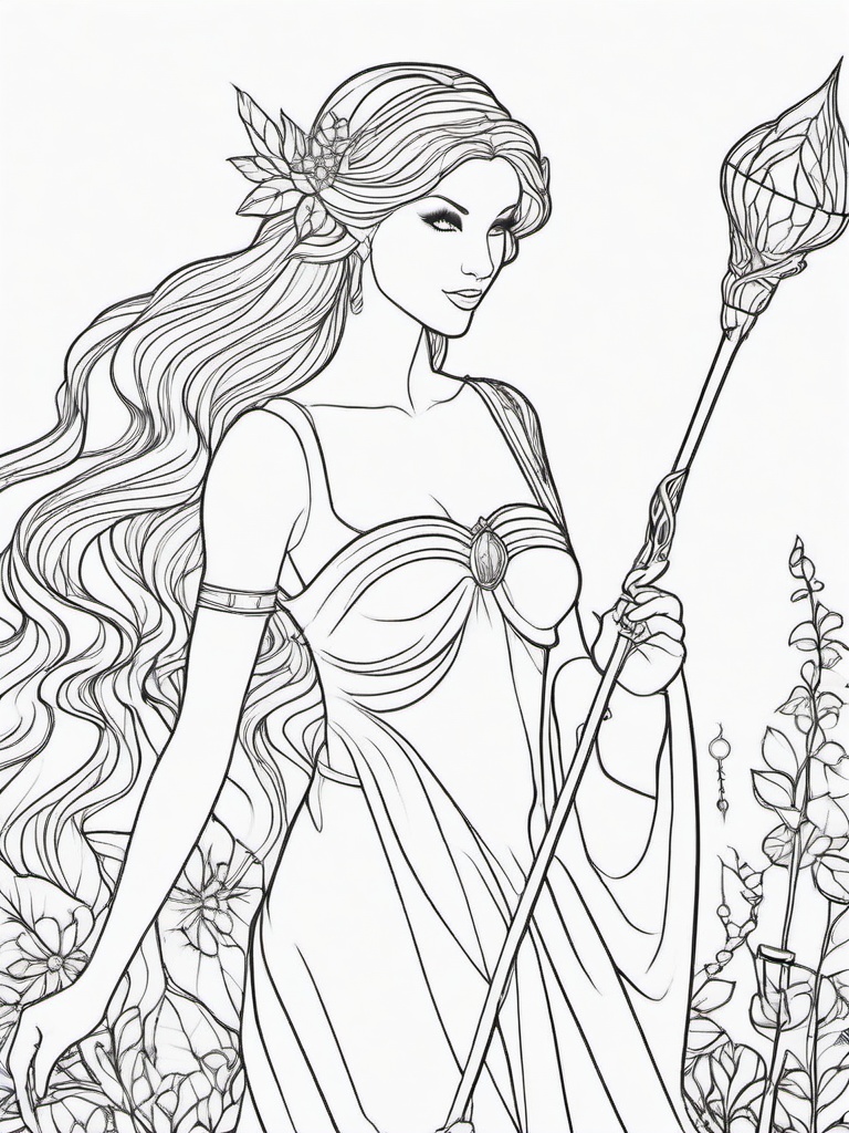 Fairy with a Magic Staff Coloring Pages - Fairy Holding an Enchanted Staff of Power  minimal black outline printable sheet, coloring page