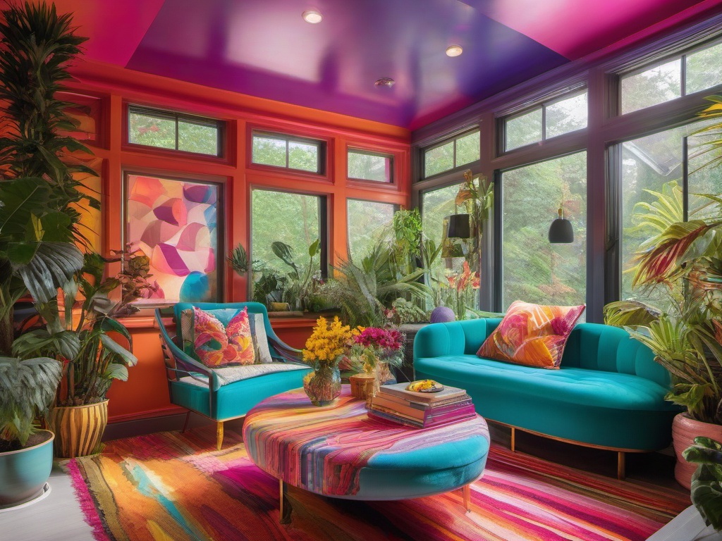 A sunroom with psychedelic interior design highlights vibrant furniture, colorful plants, and imaginative decor that creates a cheerful and inviting space to enjoy the beauty of nature.  