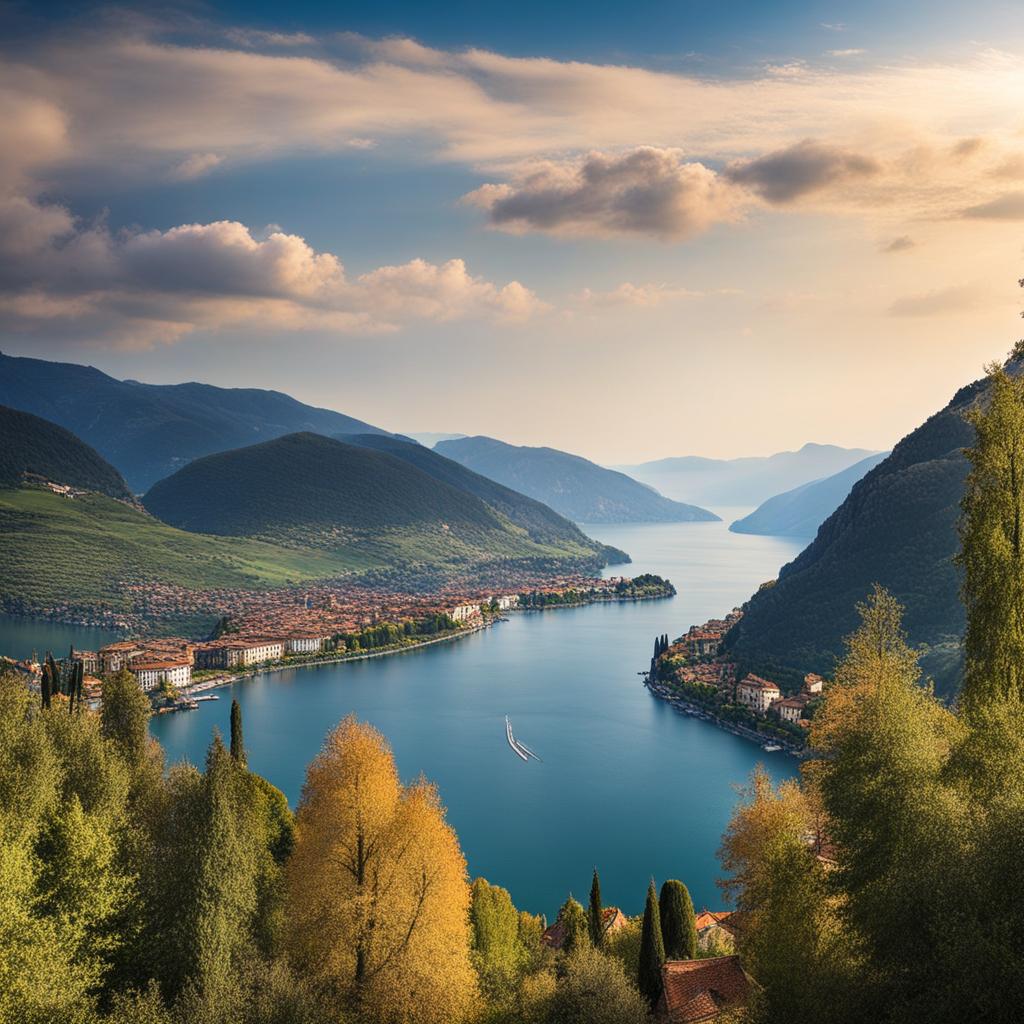 scenic beauty of lake iseo - paint a scenic view of lake iseo in lombardy, with its tranquil waters and charming lakeside towns. 