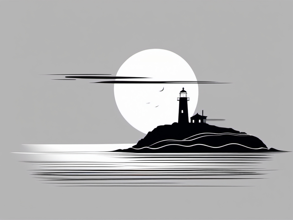 Boat and lighthouse on the horizon ink. Guided by the light.  minimalist black white tattoo style