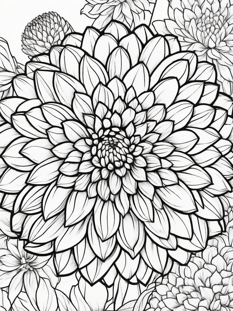 Dahlia coloring page sheet - Large dahlias blooming with intricate petals in a garden bed.  black outline printable coloring page