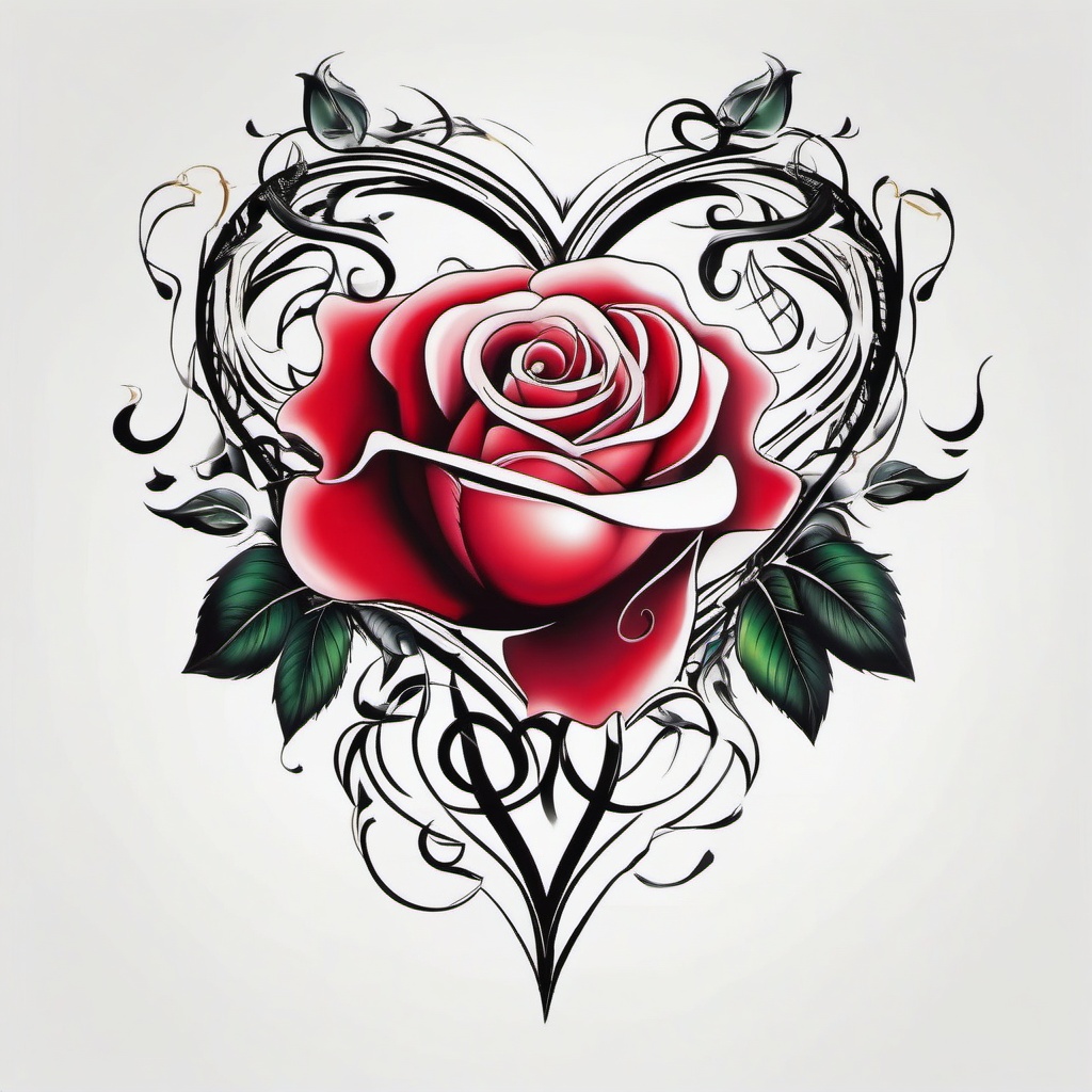 Rose tattoo with heart, Rose and a heart intertwined in ink, symbolizing the everlasting beauty of love. , tattoo color art, clean white background