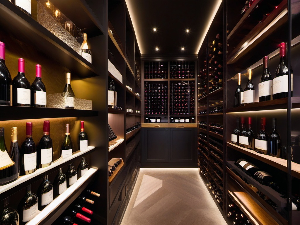 In the wine cellar, cosmic chic interior design features modern shelving, ambient lighting, and artistic celestial decor that creates an inviting space for wine enthusiasts.  