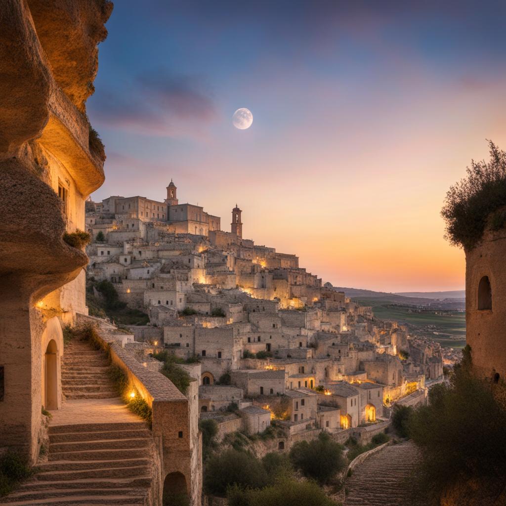 mystical matera caves - create an artwork that captures the otherworldly beauty of the ancient cave dwellings in matera, with their unique charm. 