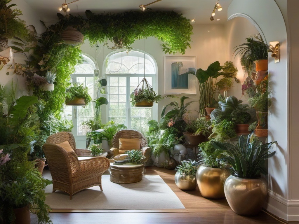 The garden room showcases surrealist interior design with dreamlike planters, imaginative decor, and vibrant greenery that bring character and whimsy to indoor gardening.  