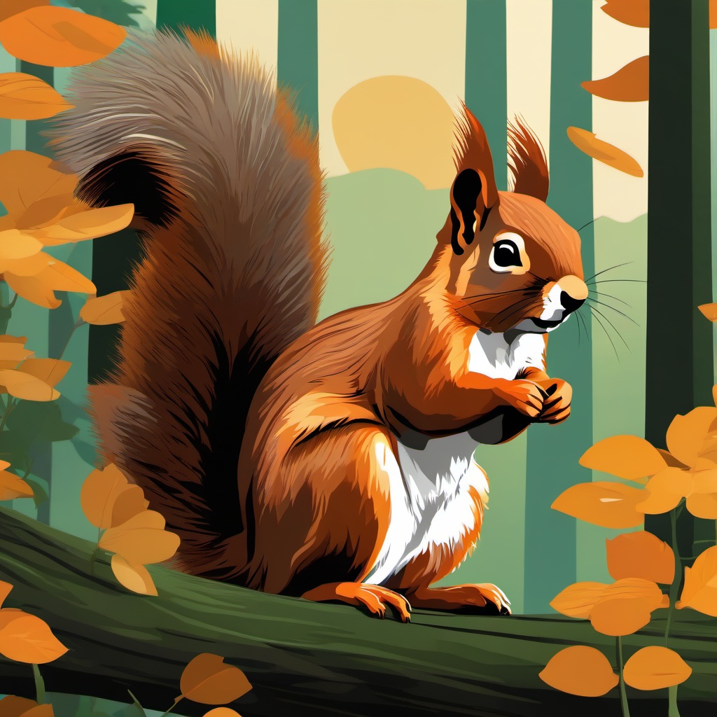 Squirrel clipart - realistic squirrel in a forest setting  color,minimalist,vector clipart