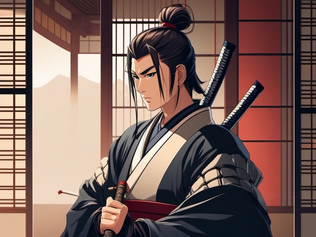 Skilled samurai in a traditional Japanese dojo.  front facing ,centered portrait shot, cute anime color style, pfp, full face visible