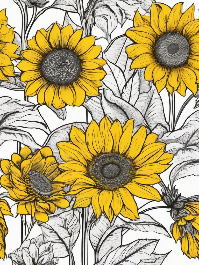 Floral Sunflowers - Bright yellow blooms following the sun.  outling,coloring pages,black and white