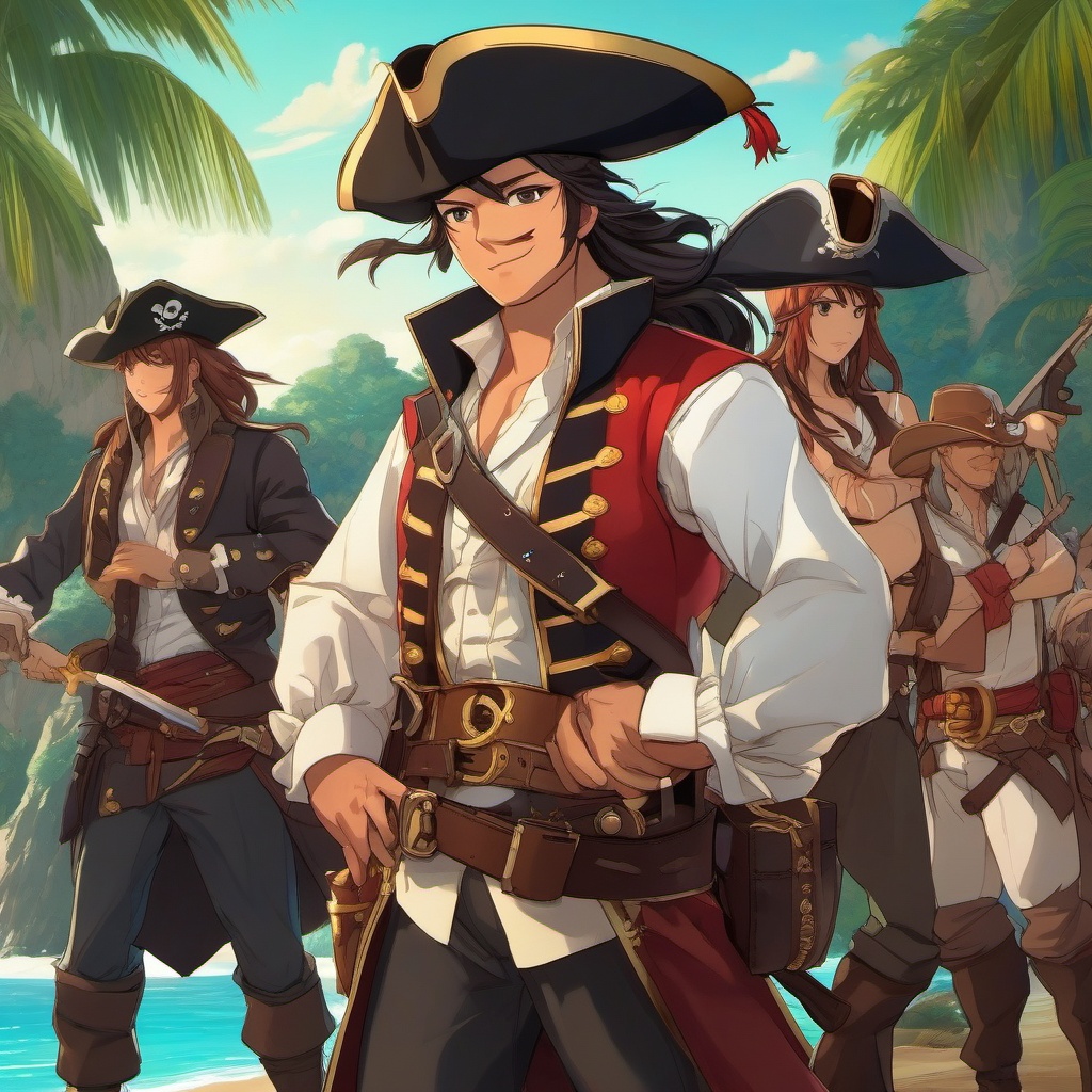 Bold anime pirate captain, wielding a gleaming cutlass, leading a fearless crew on a treasure hunt on a secluded island.  front facing ,centered portrait shot, cute anime color style, pfp, full face visible