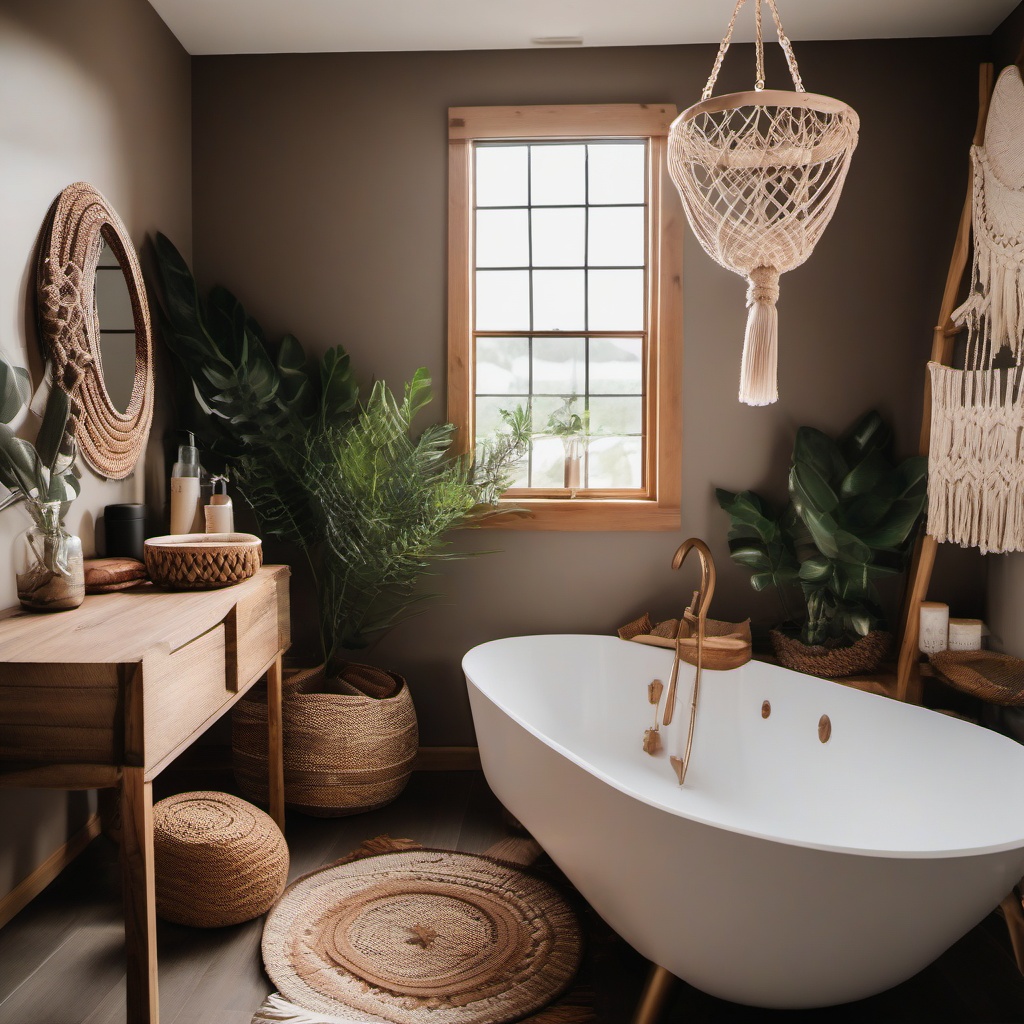 Boho Bathroom Sanctuary - Boho bathroom sanctuary with macrame decor and earthy tones. realistic, professional photography, bokeh, natural lighting, canon lens, shot on dslr 64 megapixels sharp focus