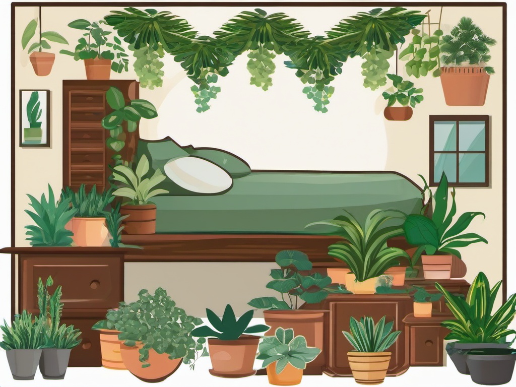 Bed clipart - bed surrounded by houseplants  