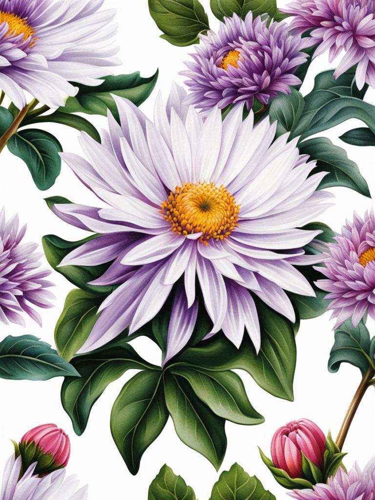 Aster flower tattoo, Tattoos inspired by the charming and delicate aster flower.  vivid colors, white background, tattoo design