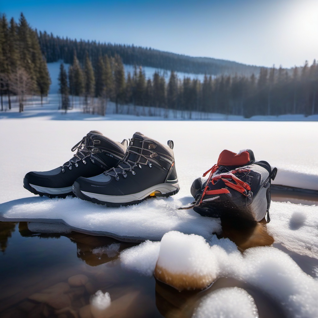 Snowshoe Hike to a Frozen Lake  background picture, close shot professional product  photography, natural lighting, canon lens, shot on dslr 64 megapixels sharp focus