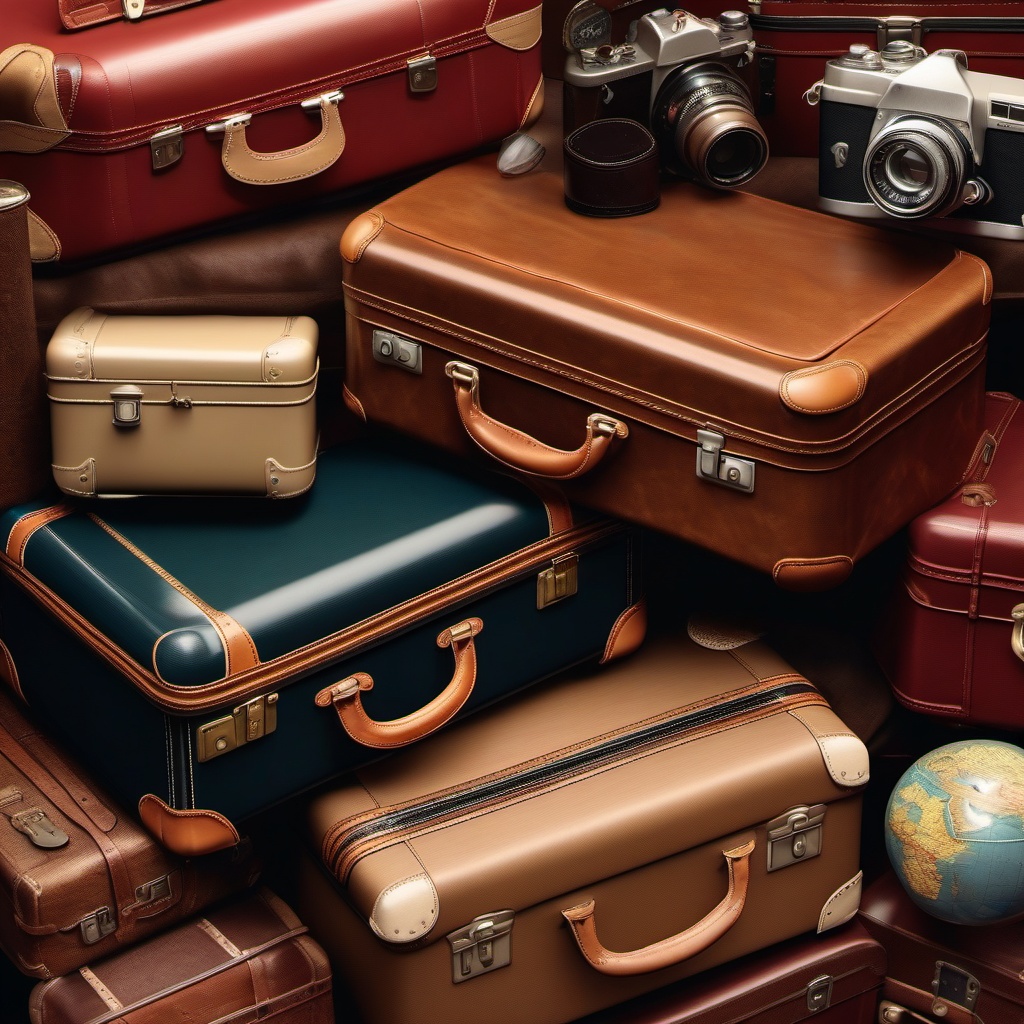 Vintage suitcases and travel memorabilia top view, photo realistic background, hyper detail, high resolution