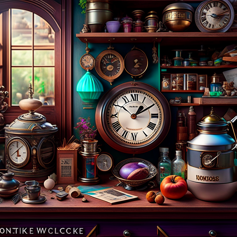 time traveler's kitchen adorned with time-traveling artifacts and paradoxical artwork. 