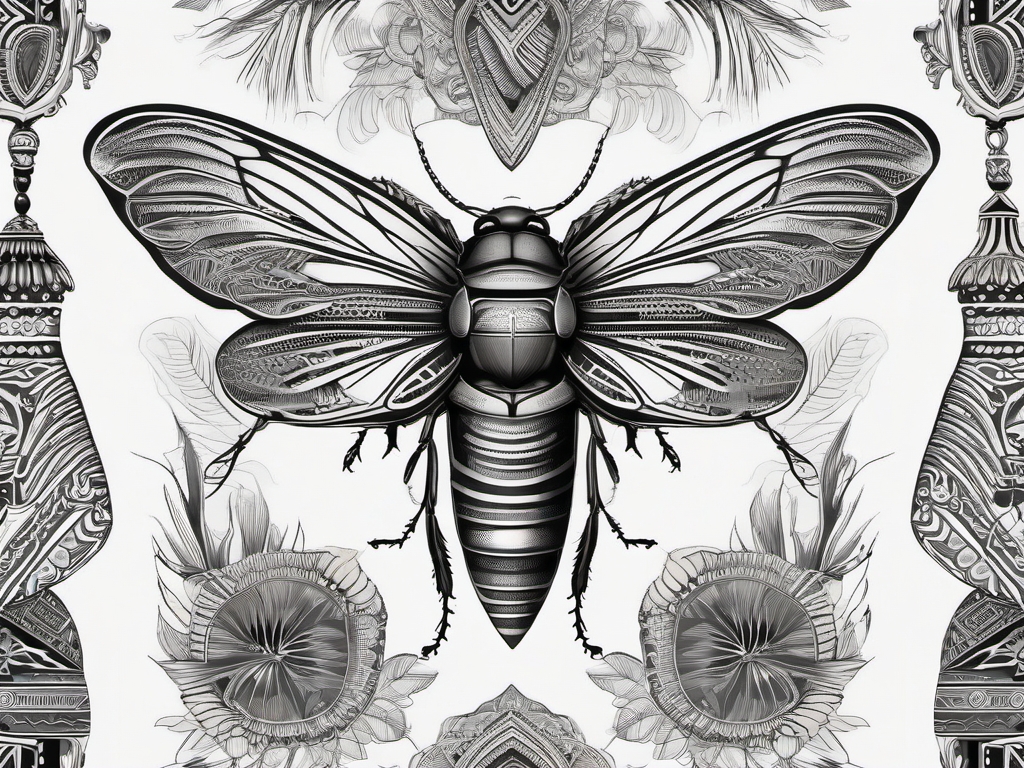 Cicada with tribal patterns design: Cultural symbolism etched in insect art.  black white tattoo, white background