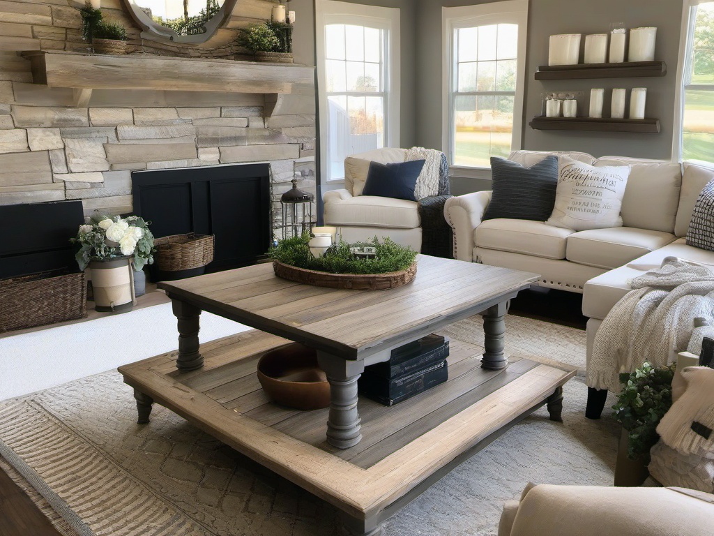 Farmhouse living room offers a distressed wooden coffee table, comfy couches, and warm decor, creating a charming and welcoming space for relaxation.  