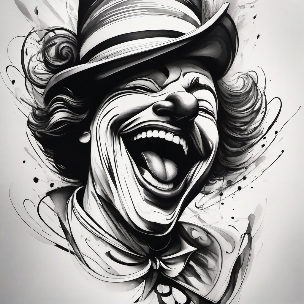 Abstract laughing clown face ink: Expressive lines capturing the essence of laughter.  black and white tattoo style