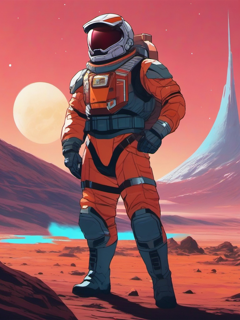 Sci-fi space captain, standing confidently on a distant planet's surface, giving orders to the crew for a crucial mission.  front facing ,centered portrait shot, cute anime color style, pfp, full face visible