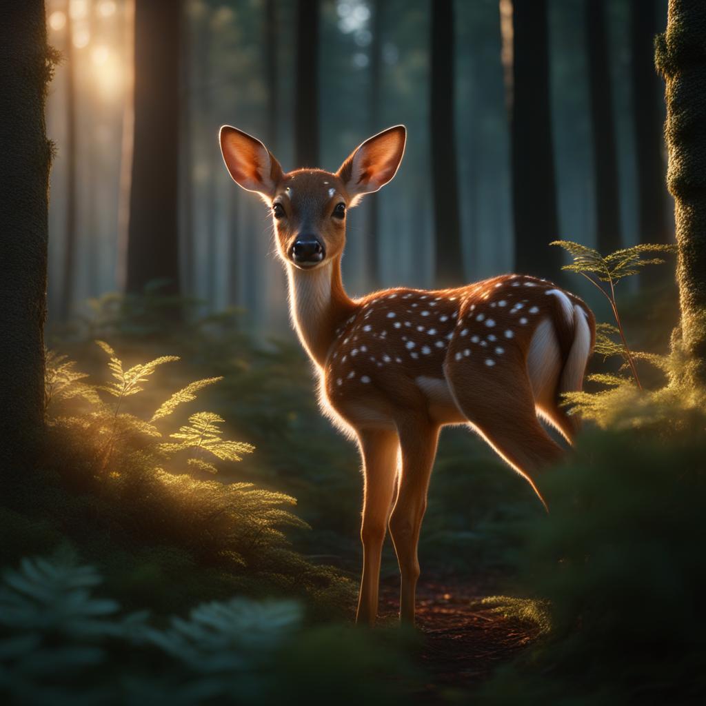 fawn exploring a magical woodland at dawn 8k ultrarealistic cinematic 