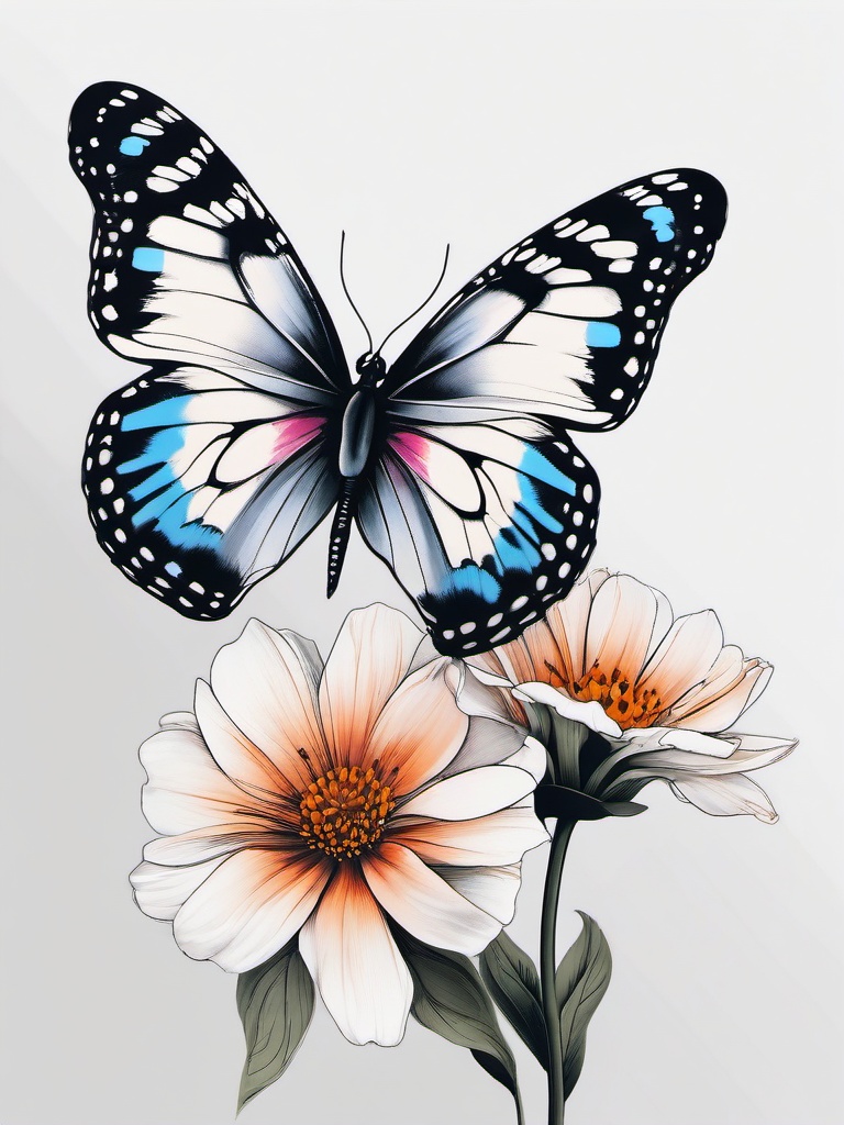 butterfly landing on flower tattoo  simple color tattoo,white background,minimal